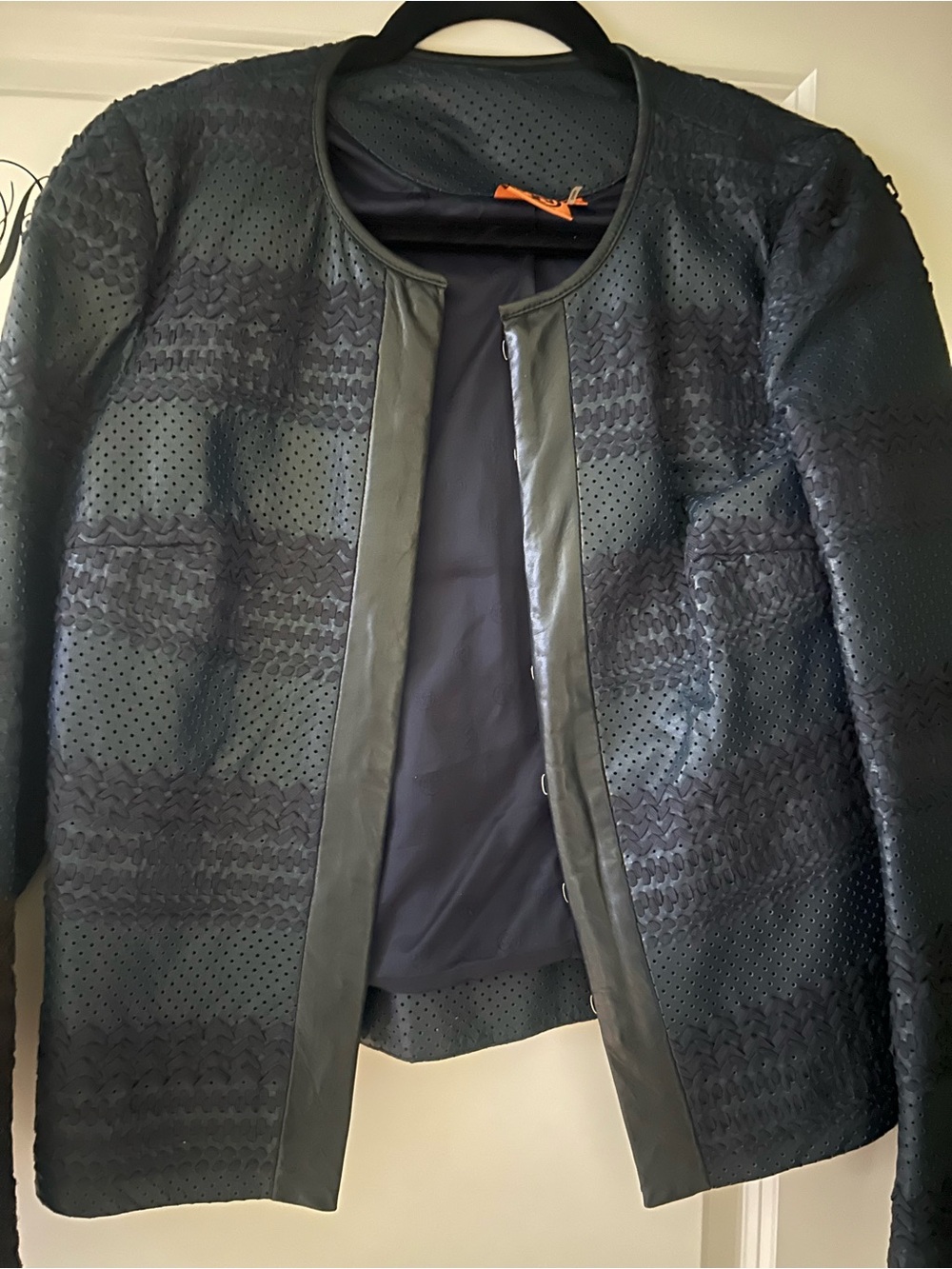 Tory Burch navy soft leather Perforated Open-Front Jacket